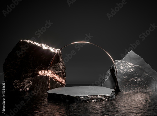 Round rough stone pedestal, black cylinder in dark water. 3d render illustration. Gold glitter decor design. Empty base for product promotion. Luxury golden mockup with rock shape podium
