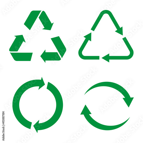 Recycle vector icon. Style is flat rounded symbol, eco green color, rounded angles, white background.