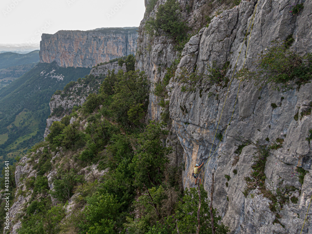 Aerial view of single pitch rock climbing in Presles, Vercors, France