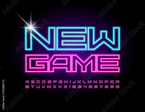 Vector techno sign New Game. Bright glowing Font. Neon Alphabet Letters and Numbers set