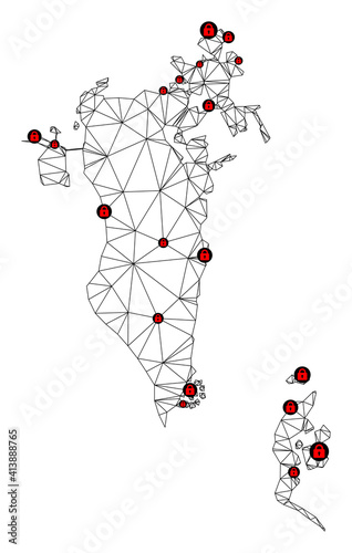 Polygonal mesh lockdown map of Bahrain. Abstract mesh lines and locks form map of Bahrain. Vector wire frame 2D polygonal line network in black color with red locks.