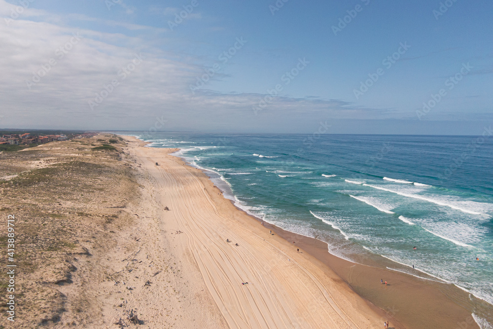 Sand dunes in front of the ocean, aerial view, les casernes beach, seignosse, landes, france