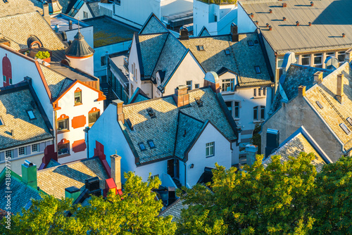 Roofs of Art Nouveau buildings from above, Alesund, Norway photo