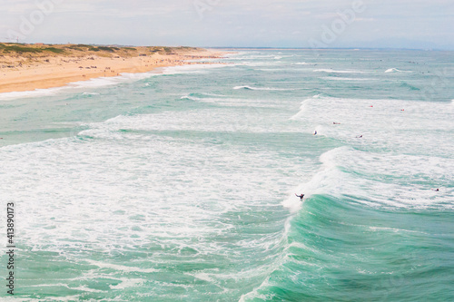 Surf in summer altantic ocean, aerial view, seignosse, landes, france photo