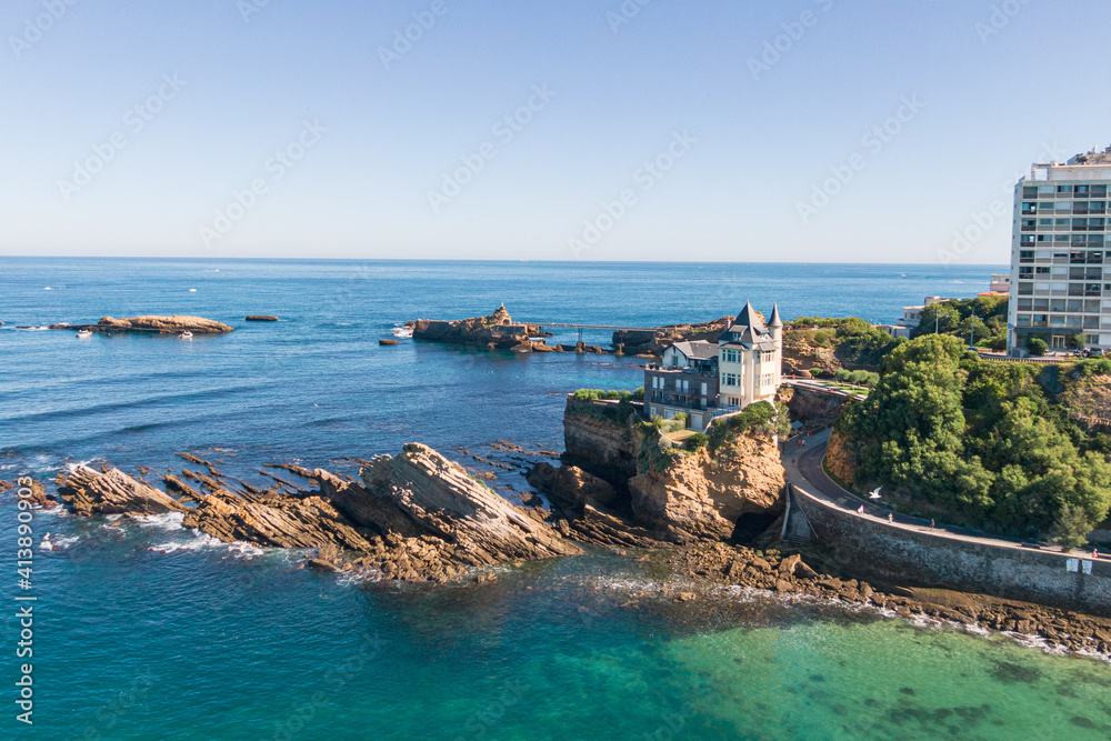 Drone view Côtes des basques beach, Biarritz, Basque country, France