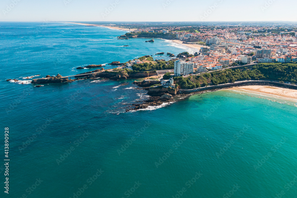 Aerial shot of quiet summer waves, Côtes des basques beach, Biarritz, Basque country, France