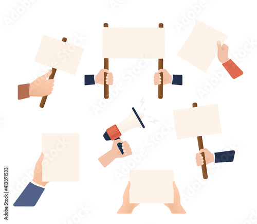Hands with empty placard. Flat character. Vector flat design. Poster banner design. Female hand. Game sign.