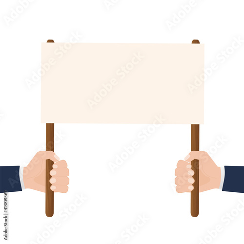 Hands with empty placard. Flat character. Vector flat design. Poster banner design. Female hand. Game sign.