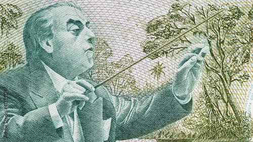 Heitor Villa-Lobos conducting an orchestra on Brazil 500 Cruzados (1988) banknote tracking, famous Brazilian composer. 4K photo