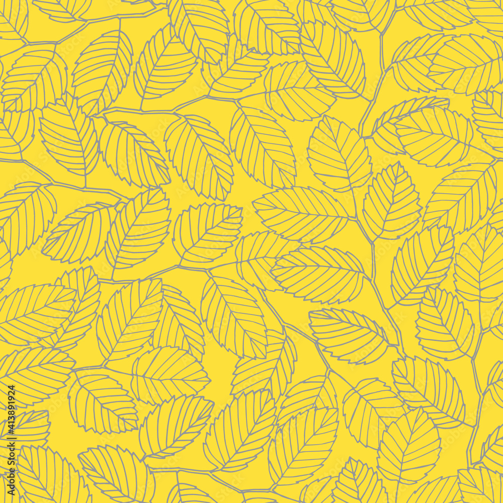Seamless pattern with hand drawn dandelion flowers for surface design and other design projects. Trendy Illuminating Yellow and Ultimate Gray colors, yellow background