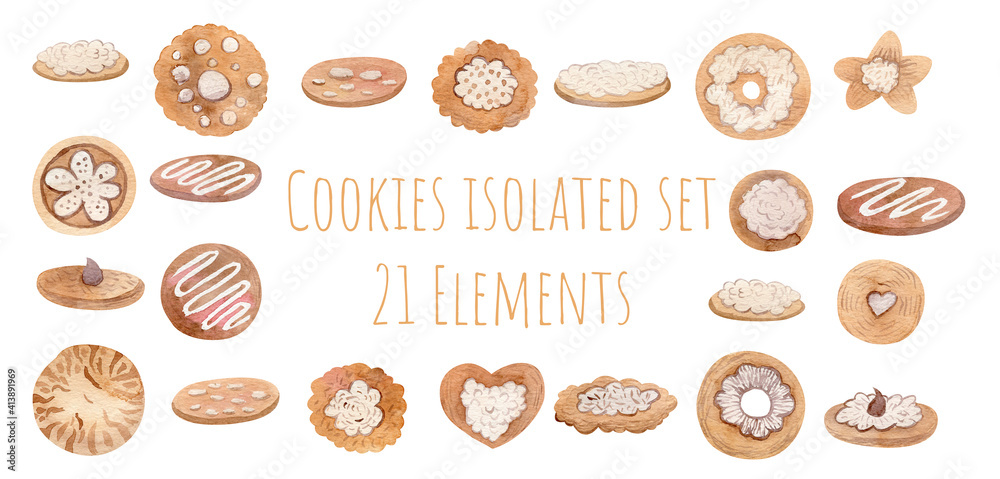 Big watercolor set of cookies. Isolated objects on white background.
