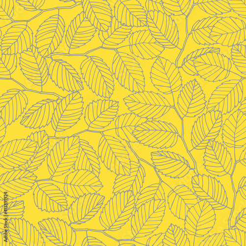Seamless pattern with hand drawn dandelion flowers for surface design and other design projects. Trendy Illuminating Yellow and Ultimate Gray colors, yellow background