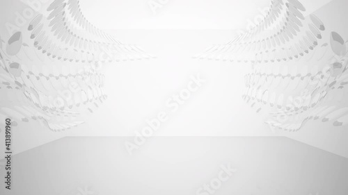 Looped visualization. Luxury abstract architectural background. Flying on a white minimalistic interior. Futuristic modern space. Bright lighting. 3D animation and rendering.