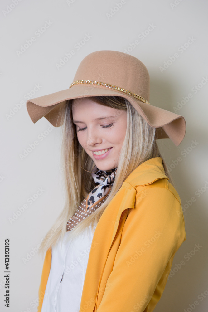 Portrait woman with yellow sack and hat Portrait woman with yellow sack and hat
