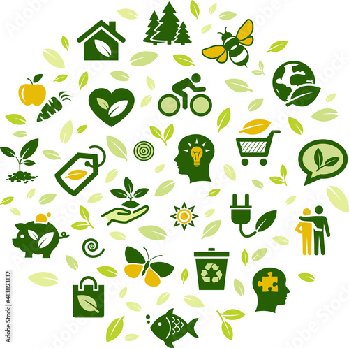 Environmental consiousness / protection illustration. Green concept on eco friendly consumption, ecological conservation, sustainable lifestyle, recycling, zero waste, saving resources, responsibility