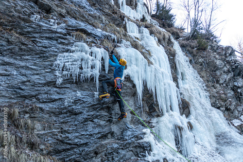 Dry tooling climbing near frozen waterfall, Cogne, Aosta Valley, Italy, Cogne, Aosta Valley, Italy