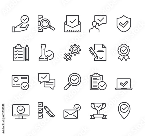 Check testing examination tick approve checkmark. Flat lined thin isolated icon set