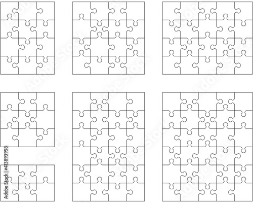 Illustration of seven different white puzzles, separate pieces