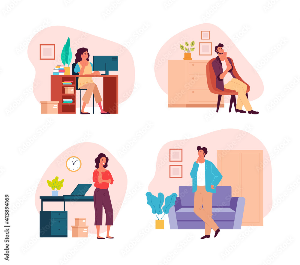 People man woman characters stay home and dreaming thinking concept. Vector flat graphic design illustration set