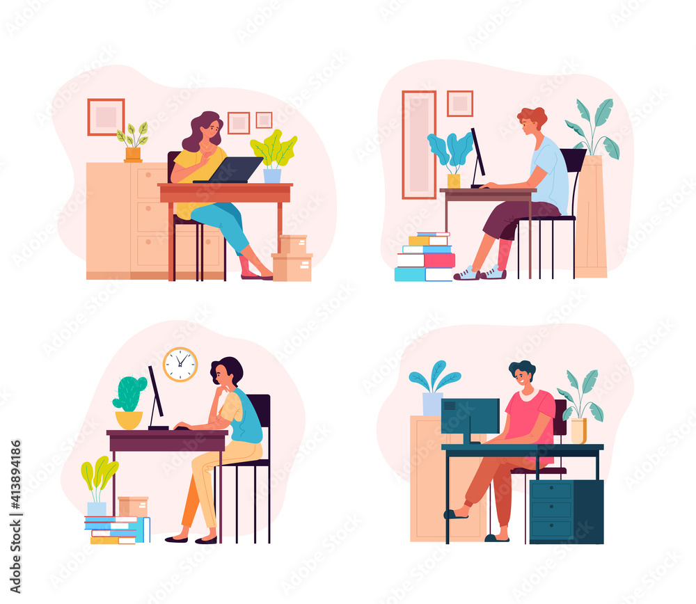 People characters man woman freelancers students working home. Vector flat graphic design illustration set