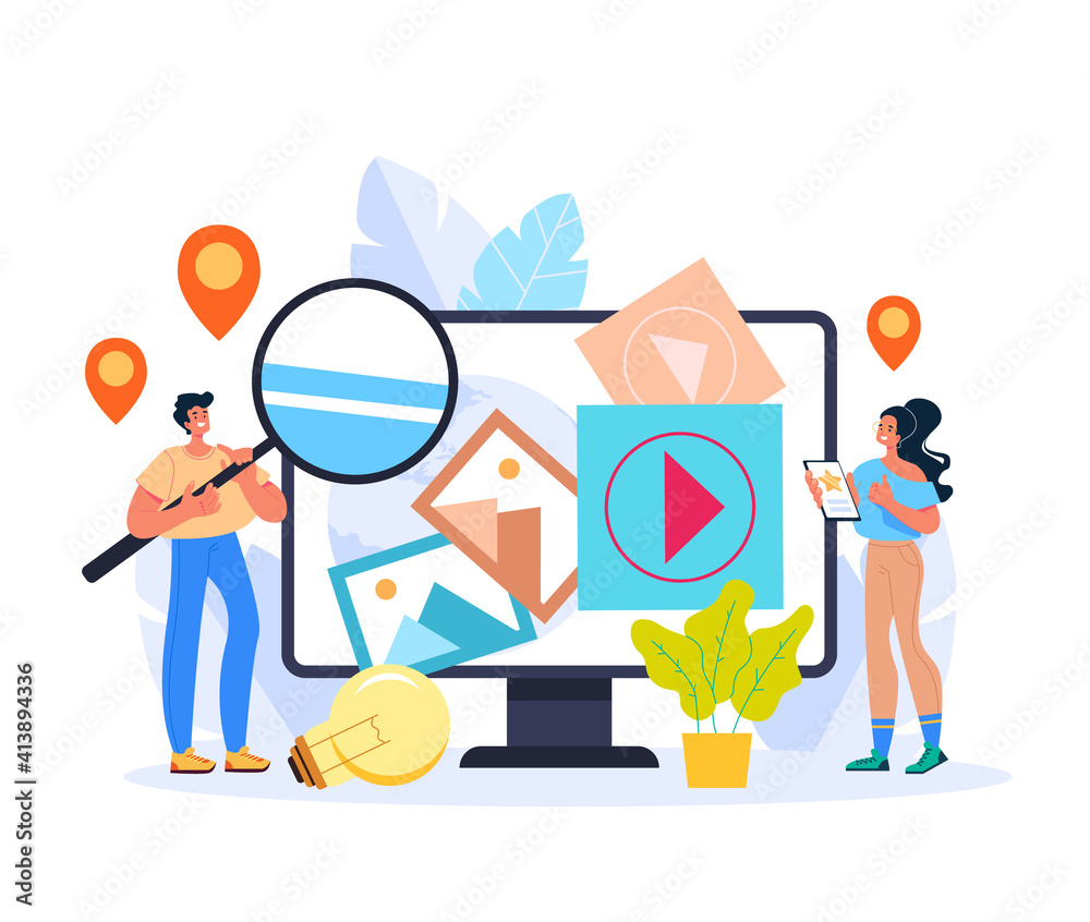 Obraz premium Trend watching searching social networking concept. Vector flat graphic design illustration