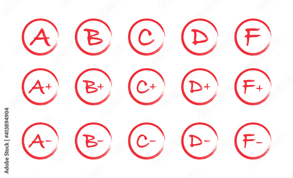 Assessment results. Hand drawn school or college exam results. Class grades with circles, pluses and minuses. Vector illustration.