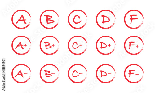 Assessment results. Hand drawn school or college exam results. Class grades with circles, pluses and minuses. Vector illustration.