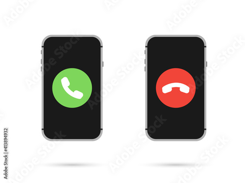 Answer and decline phone call buttons. Green yes/no buttons with handset silhouettes icon. Phone call icons. Vector illustration. EPS 10