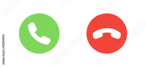 Answer and decline phone call buttons. Green yes/no buttons with handset silhouettes icon. Phone call icons. Vector illustration. EPS 10