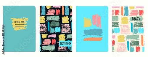 Set of cover page vector templates with multicolored paint stripes, brushstroke effect. Based on seamless patterns. Headers isolated and replaceable. Perfect for school notebooks, diaries