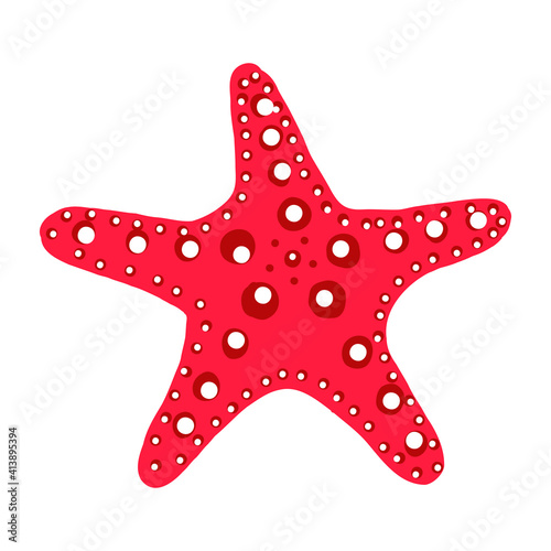 red starfish illustration. A sea creature in a flat design. the star with legs icon is isolated on a white background. A water animal with lipuchke