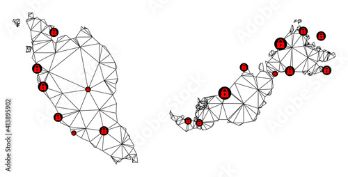 Polygonal mesh lockdown map of Malaysia. Abstract mesh lines and locks form map of Malaysia. Vector wire frame 2D polygonal line network in black color with red locks.