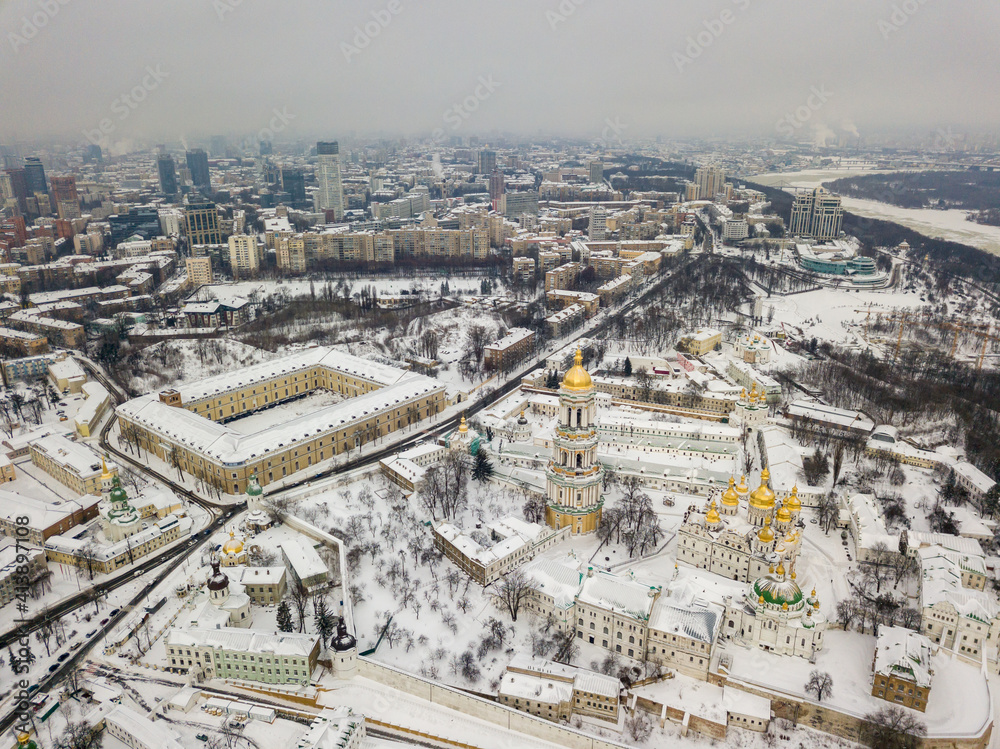 Kiev-Pechersk Lavra. Aerial drone view. Winter snowy morning.