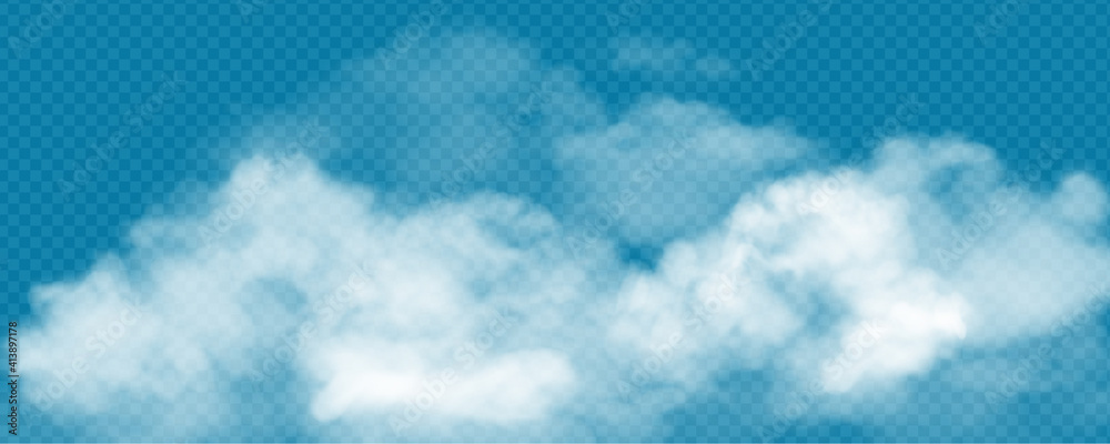 Realistic white cumulus clouds on transparent background. Vector illustration of 3d smoke or fog. Natural mist design element for banner, poster, web, weather forecast - obrazy, fototapety, plakaty 