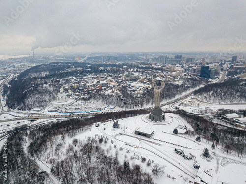 Snowy Kiev. Aerial drone view. Winter cloudy morning.