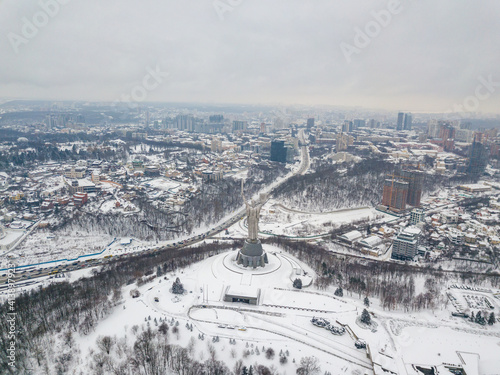 Snowy Kiev. Aerial drone view. Winter cloudy morning.