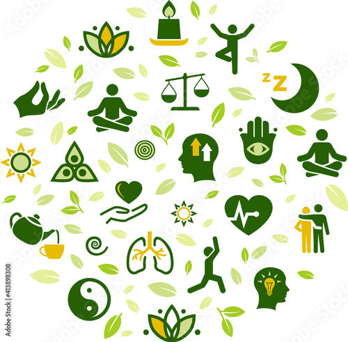 natural mindfulness / meditation / relaxation vector illustration. Green concept on mindful living, awareness, stress-relief, healthy mental state, balance with nature, yoga, peaceful spirituality.