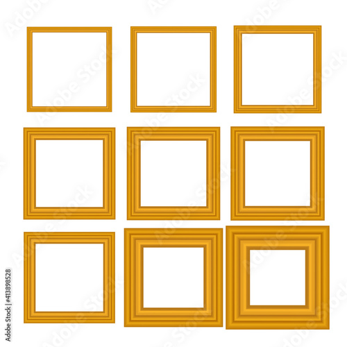 Set of squared golden vintage wooden frame for your design. Vintage cover. Place for text. Vintage antique gold beautiful rectangular frames. Template vector illustration.