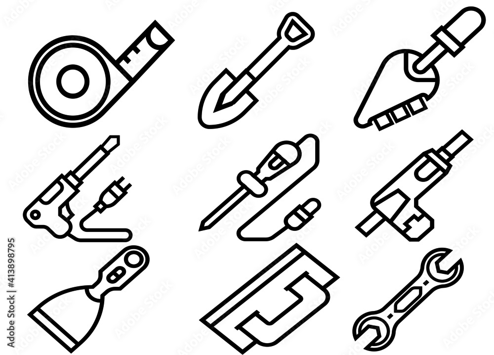 Construction tools flat line icons set. Hammer, screwdriver, saw, spanner, paintbrush vector illustrations. Outline signs for carpenter, builder equipment store. Pixel perfect. Editable Strokes.
Construction tools flat line icons set. Hammer, screwdriver, saw, spanner, paintbrush vector illustrations. Outline signs for carpenter, builder equipment store. Pixel perfect. Editable Strokes.