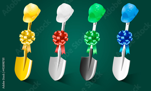 Set of Different Shovels and helmets with different colored ribbon bows for groundbreaking advertising concept vector illustration