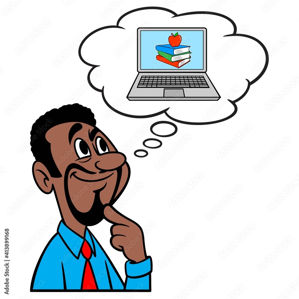 Man thinking about Online School - A cartoon illustration of a man thinking about Online School.
