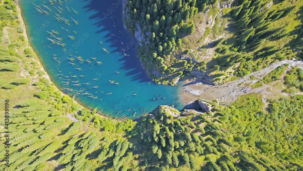 Coniferous trees rise from the depths of a mountain lake. Top view from the drone. On the shore you can see rocks, green forest and grass growing. Kaindy Lake, Kazakhstan. Groups tourists are resting.