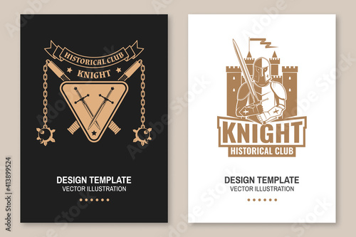 Medieval knight historical club flyer, brochure, banner, poster Vector Concept for shirt, print, stamp, overlay or template. Vintage typography design with battle axe, flail, knight and sword