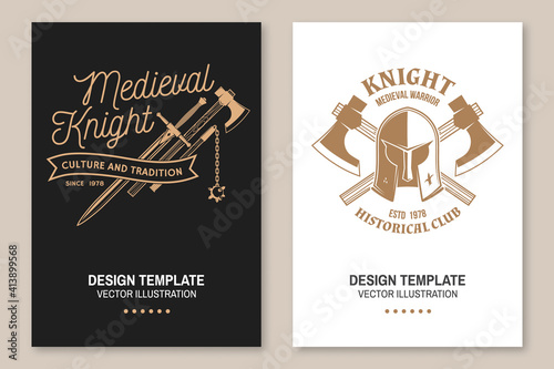 Medieval knight historical club flyer, brochure, banner, poster Vector Concept for shirt, print, stamp, overlay or template. Vintage typography design with battle axe, flail, knight helmet and sword