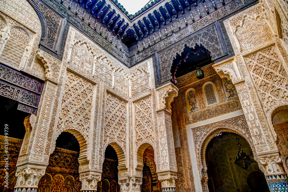 Sale, Morocco - March 23, 2019: Architectural details of madrasah Abu al-Hasan koranic school in Sale, Morocco