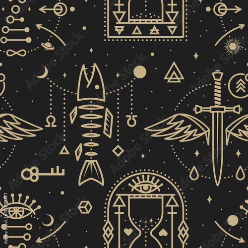 Gold esoteric seamless pattern, background. Vector Thin line geometric pattern. Outline texture for alchemy, sacred geometry. Mystic and magic design with dagger and wings, fish bone