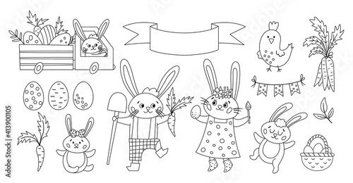 Vector black and white Easter bunny family set or coloring page. Outline rabbit mother, father, daughter and son with spring elements. Cute animal icons pack for kids. Funny truck with eggs..