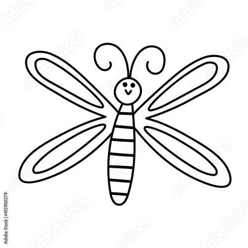 Vector black and white dragonfly icon. Outline funny woodland, forest or garden insect coloring page. Cute bug illustration for kids isolated on white background.