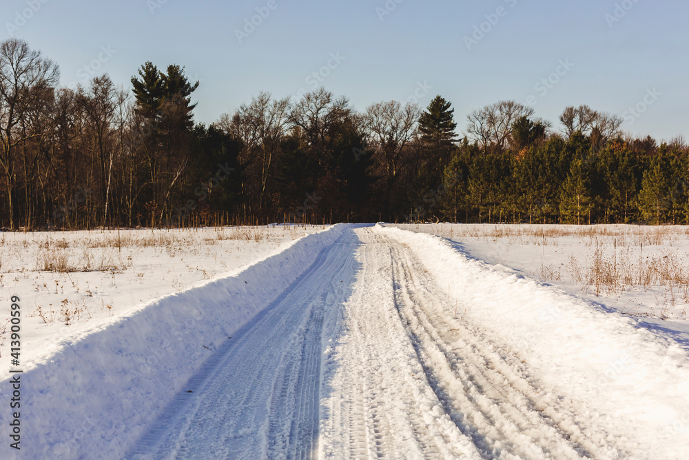 Snow covered road leading towards trees against clear sky in forest Snow covered road leading towards trees against clear sky in forest