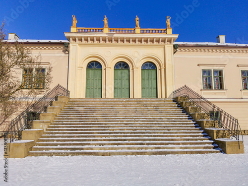 Park and Castle Cechy pod Kosirem, Moravia, Czech during winter, snow